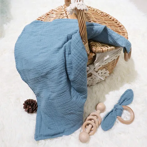 Miniatura 7 de Baby Lovey, sonajero de madera, anillo de mordedor, paquete de 3 unidades, regalo Montessori, azul marino, algodón, gasa doble, baby shower, regalo