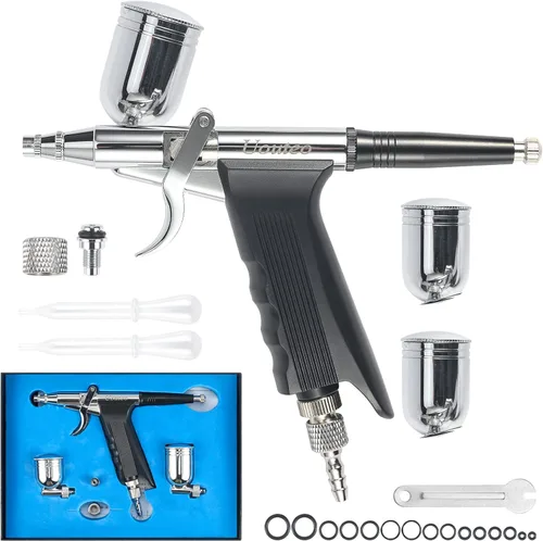 Miniatura 8 de Uouteo Pistola de gatillo de aerógrafo Pistola de cepillo de aire con agujas de 0.012 in 7CC y 10 CC Copa para pintar Kit de aerógrafo 166TH 0.012 in