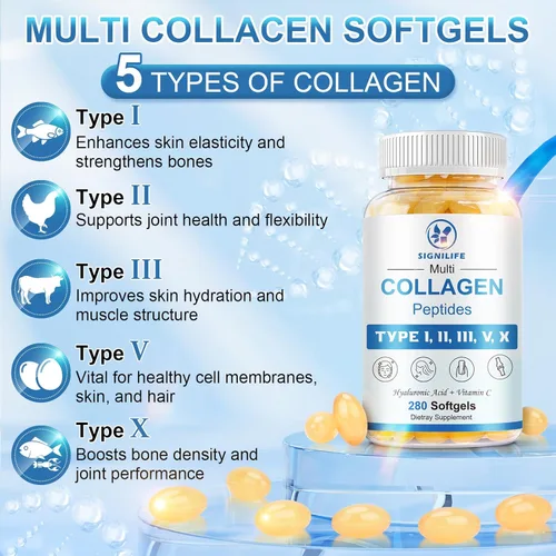 Miniatura 4 de Péptidos de Colágeno Múltiple para Mujeres y Hombres, Péptidos de Colágeno Hidrolizados-Tipo I, II, III, V, X - con Ácido Hialurónico, Vitamina C