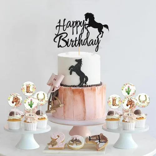 Miniatura 6 de Decoración para pastel de cumpleaños con temática de carreras de caballos, decoración de fiesta de cumpleaños, purpurina negra