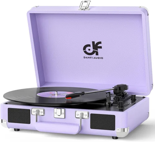 Miniatura 13 de Tocadiscos de vinilo Bluetooth de 3 velocidades portátil tipo maleta con altavoces integrados, grabación USB de vinilo a MP3, RCA, AUX y salida