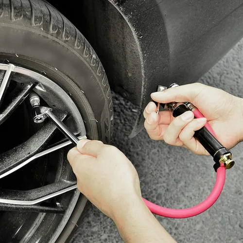Miniatura 5 de MEANLIN MEASURE Inflador de neumáticos rojo resistente con medidor de presión de 120 PSI, manguera de 15 pulgadas de doble cabezal y herramientas
