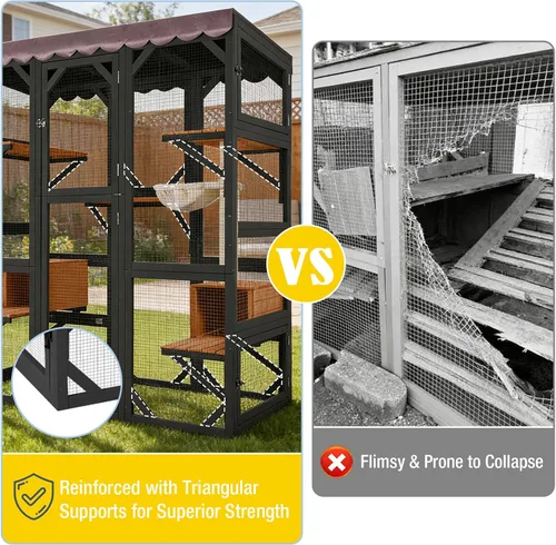 Miniatura 2 de Catio grande de madera para gatos de 70.1 pulgadas, casa para gatos de varios niveles con plataformas, hamaca y poste rascador, panel trasero