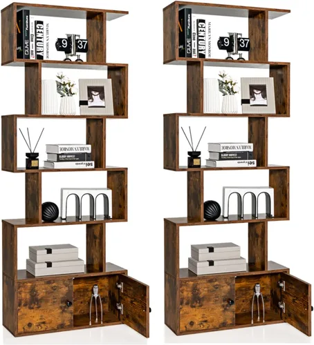 Miniatura 10 de Tangkula Estantería en forma de S con gabinete, estantería de 6 niveles con puertas, estanterías geométricas independientes para sala de estar