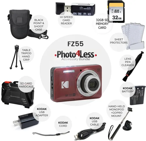 Miniatura 2 de Kodak PIXPRO FZ55 - Cámara digital (rojo) + Tarjeta de memoria de 32GB + Estuche para cámara Point and Shoot + Monopié extensible + Lápiz limpiador