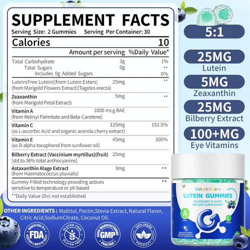 Miniatura 2 de Vitaminas oculares de luteína y zeaxantina, gomitas de arándano, astaxantina, vitaminas oculares para niños y adultos y apoyo de luz azul, salud