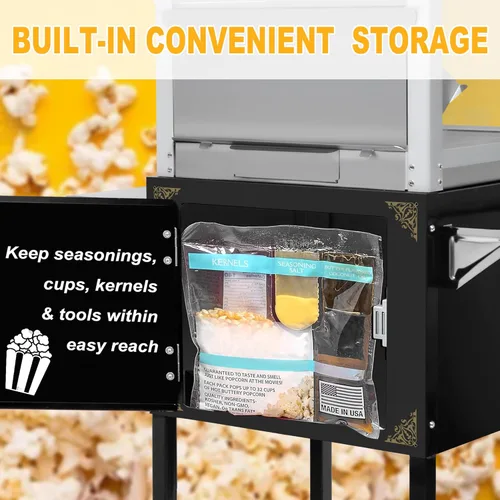 Miniatura 6 de Máquina comercial de palomitas de maíz con carrito y ruedas, máquina para hacer palomitas de maíz con hervidor de acero inoxidable de 22 onzas
