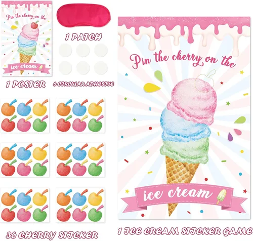 Miniatura 6 de Hxezoc Pin The Cherry On The Ice Cream Game con 36 calcomanías de cerezas, póster grande de juegos de fiesta de helado para niños, fiesta