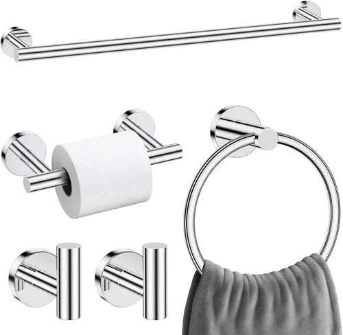 Miniatura 13 de Juego de 5 accesorios de baño negro mate, juego de toallero de 23.6 pulgadas, soporte de papel higiénico de acero inoxidable, toalleros redondos