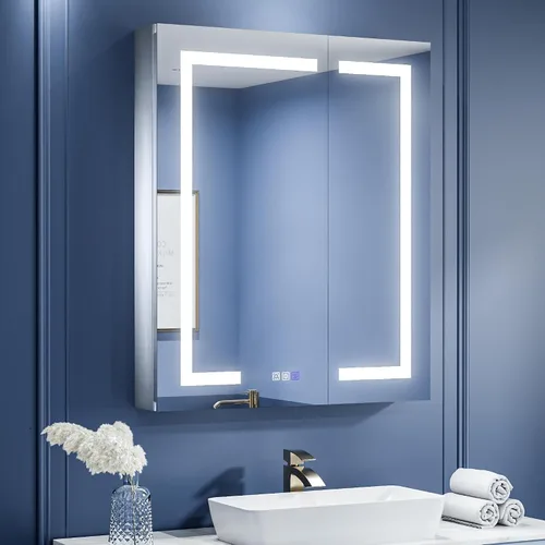 Miniatura 14 de ExBrite Botiquín de baño con iluminación LED con espejo, 24 x 30 pulgadas, empotrado o montaje en superficie, antivaho, atenuación continua, ajuste
