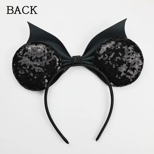 Miniatura 4 de Diadema negra con orejas de ratón de lentejuelas con lazo de ala de poliuretano, lazo de pelo de murciélago de Halloween, decoración de fiesta
