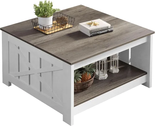 YITAHOME Mesa de centro de granja con almacenamiento, mesa de cóctel de madera rústica, mesas de centro cuadradas para sala de estar, sala de