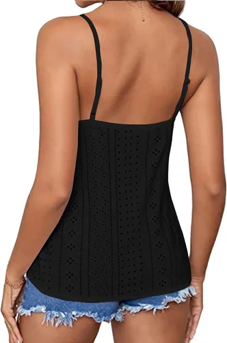 Miniatura 2 de LYANER Camiseta sin mangas sexy con cuello en V para mujer, tirantes delgados, bordado, con ojales, sin mangas, encaje