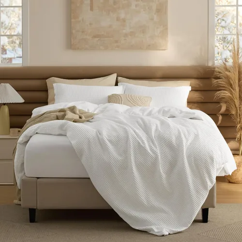 Miniatura 26 de Bedsure - Funda de edredón de algodón tamaño King - 100% algodón de tejido gofre color verde bosque, juego de ropa de cama GentleSoft™ transpirable