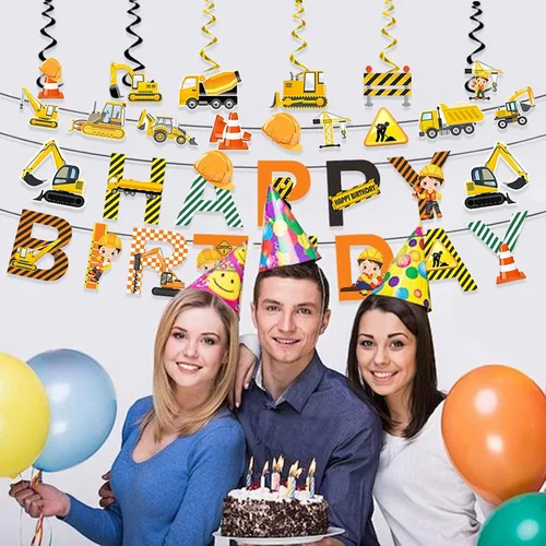 Miniatura 7 de Suministros para fiestas de cumpleaños de construcción, carteles de feliz cumpleaños, guirnalda de vehículos, camiones, 6 unidades, excavadora