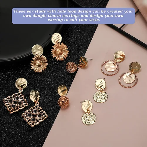Miniatura 4 de 50 piezas de clavos planos redondos para orejas con agujero de asa, dijes de disco chapados de 13.0 mm para hacer pendientes DIY, suministros