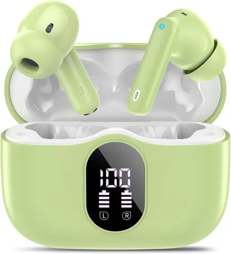 Miniatura 12 de Auriculares inalámbricos, Bluetooth 5.4, auriculares estéreo con graves y micrófono con cancelación de ruido, pantalla LED en el oído, llamadas Oro