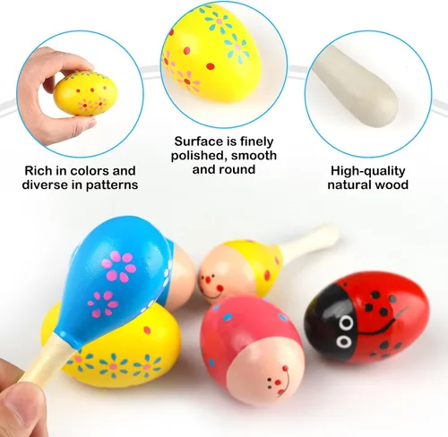 Miniatura 3 de Juego de cocteleros de huevos de madera de Pascua (6 piezas), 4 huevos de Pascua y 2 maracas Instrumentos de percusión de mano para práctica