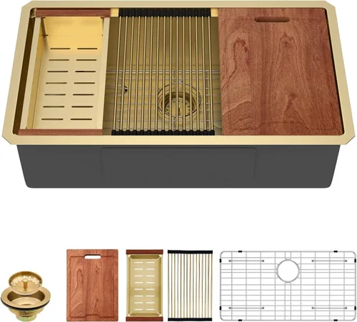 Miniatura 30 de Lordear Fregadero de cocina de montaje inferior de 23 pulgadas, estación de trabajo, fregadero de cocina de acero inoxidable calibre 16, cuenco