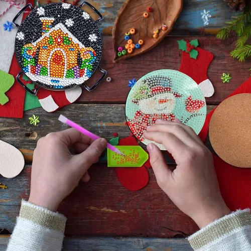 Miniatura 6 de SKRYUIE Juego de 6 piezas de kits de pintura de diamante 5D para posavasos de Navidad para adultos taladro completo, kits de pintura con diamantes