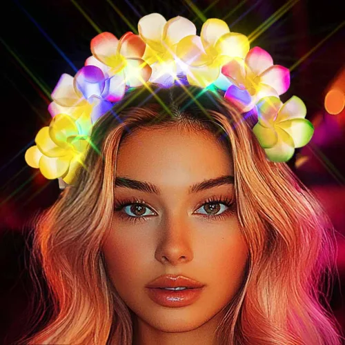 JAKAWIN Diademas de flores iluminadas para disfraz de corona de Hawaii Plumeria, accesorios para el cabello para mujer (multicolor)