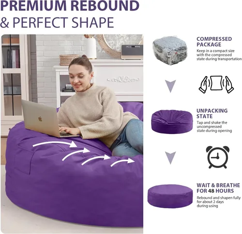 Miniatura 218 de Puf de 5 pies, puf grande con relleno de espuma viscoelástica, sofá puff esponjoso con funda de terciopelo holandés, puf redondo para sala de estar
