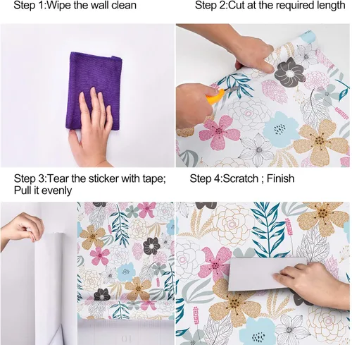 Miniatura 7 de Mecpar - Papel pintado floral de despegar y pegar - 17.71" x 78.7", flores perennes, resistente al agua, extraíble para baño o gabinete