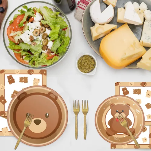 Miniatura 5 de 96 piezas de platos de fiesta de baby shower con tema de oso, decoraciones con texto en inglés «We Can Bearly Wait», vajilla para bebé con tema