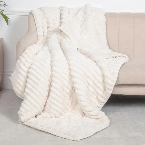 Miniatura 13 de Manta con peso de forro polar Sherpa con rayas acanaladas 3D, manta pesada de franela suave de 12 libras para sofá y cama, manta gruesa con cuentas