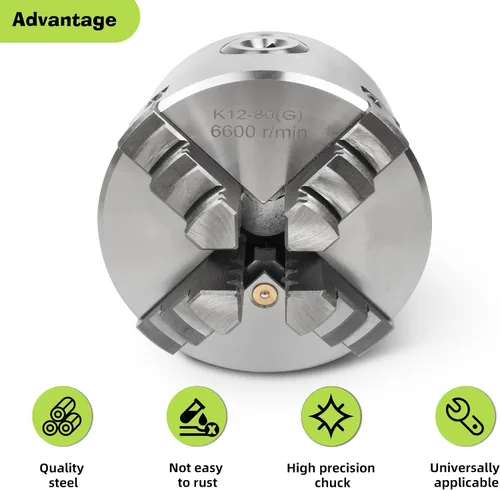 Miniatura 4 de RATTMMOTOR - Portabrocas de torno de 76 mm de 4 mandíbulas autocentrante de 3" K12-80mm, 6600R/Min 40N.m 10KN, Portabrocas de torno de precisión