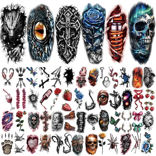 Miniatura 2 de 77 hojas de tatuajes temporales realistas en 3D para adultos y niños, calavera de araña, tigre, león, dragón, serpiente, tatuajes temporales