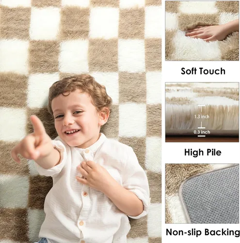 Miniatura 2 de KICMOR - Tapete a cuadros afelpado, peludo, mullido, color beige y blanco crema, pequeño, de 2 x 3 pies, para dormitorio, sala, junto a la cama