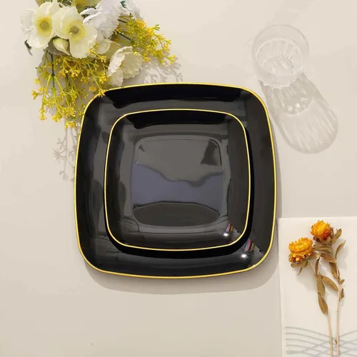 Miniatura 2 de Efavormart - Paquete de 10 platos cuadrados de plástico para postre de 7 pulgadas, color negro con borde dorado, platos desechables para ensalada