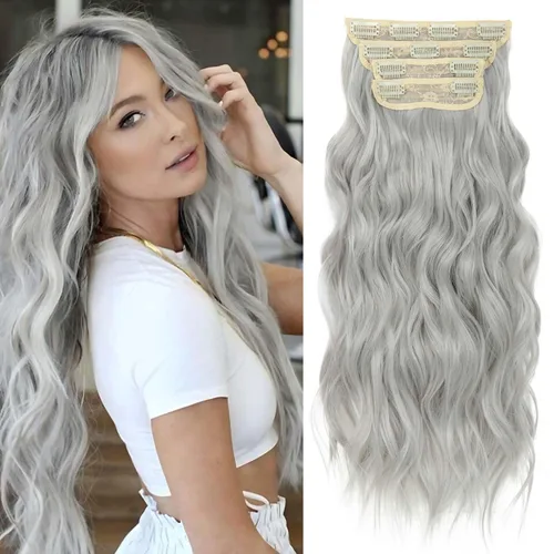 Miniatura 23 de 4 piezas de extensiones de cabello rizado con clip, color dorado oscuro, mezcla de rubio beige, sintético de 20 pulgadas de largo, extensiones