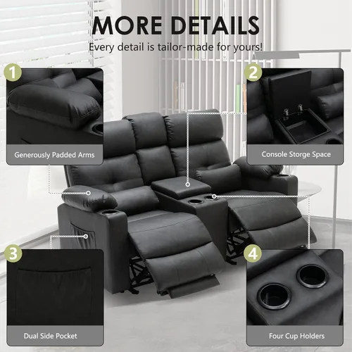 Miniatura 7 de Sofá Biplaza Reclinable Eléctrico con Consola, Sofá Biplaza Reclinable Eléctrico con Calor y Masaje, Reposapiés Extendido, Sofá Biplaza Reclinable