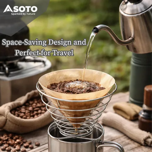 Miniatura 3 de SOTO Cafetera compacta Helix – Gotero portátil de acero inoxidable para viajes, camping, ciclismo y hogar, diseño ligero, plegable y ecológico