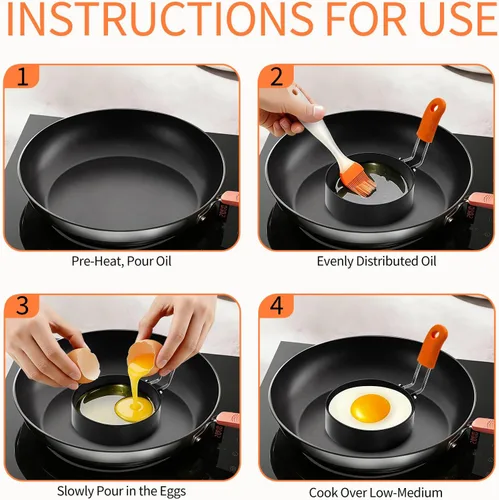Miniatura 4 de Juego de 4 anillos profesionales para huevos, moldeadores de panqueques de plancha de acero inoxidable, moldes redondos para huevos fritos con mango