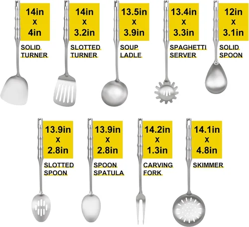 Miniatura 2 de Juego de utensilios de cocina de acero inoxidable de 18 y 10 piezas, 9 piezas de utensilios de cocina de metal de 14 pulgadas de largo, resistentes