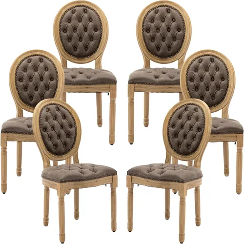Miniatura 32 de Juego de 4 sillas de comedor francesas vintage, con respaldo redondo, tapizadas, de piel sintética, con ribete de cabeza de clavo y marco de madera