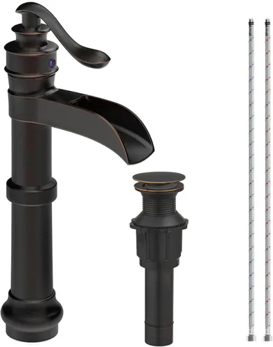 Homevacious Fregadero de cascada de bronce aceitado alto negro de una sola manija lavabo de baño con montaje de drenaje desplegable Lavabo mezclador