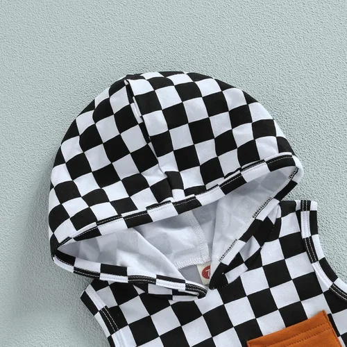 Miniatura 4 de Conjunto de ropa de verano para niños pequeños, de algodón, con estampado de tablero de ajedrez, sin mangas, camiseta y pantalones cortos casuales