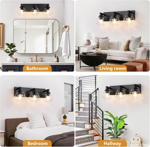 Miniatura 6 de LmnLvn Lámparas de baño, 3 luces de tocador de color negro mate, modernas lámparas de baño sobre espejo, luces de tocador de granja con pantalla