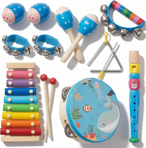 Miniatura 8 de Juego de instrumentos musicales de madera para niños pequeños de 1 a 3 años, instrumentos de percusión de madera natural, juego de regalo