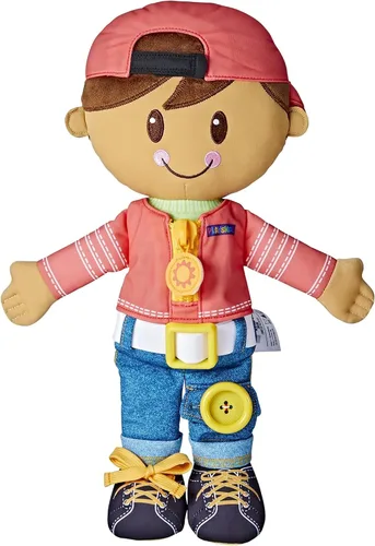 Playskool Dressy Kids - Muñeca con pelo castaño y sombrero, juguete de peluche de actividades con cremallera, cordón de zapatos, botón, para edades
