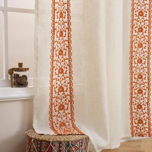 ColorBird Cortinas bohemias florales semitransparentes color naranja quemado, lino rústico con textura bordada, núcleo de cabaña, cortinas y