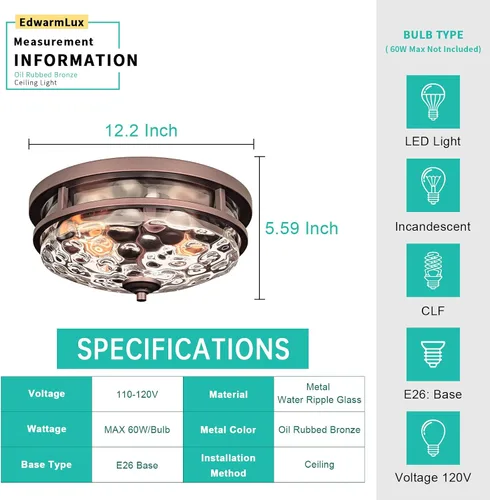Miniatura 5 de Edwarmlux Lámparas de techo empotradas, lámpara de techo de granja de 2 luces cerca del techo, lámpara de techo industrial para cocina, pasillo