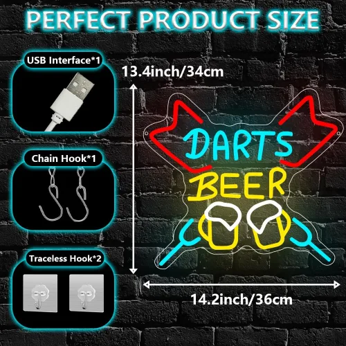 Miniatura 3 de Letrero de neón de cerveza, letrero de luz LED de neón de dardos y cerveza para decoración de pared de sala de dardos de bar, letrero luminoso