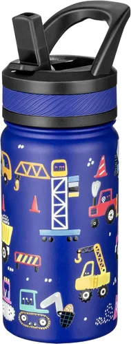 Miniatura 10 de Fanhaw Botella de agua aislada para niños de 14 onzas con tapa de pajita – Acero inoxidable de doble pared al vacío, a prueba de fugas, botellas