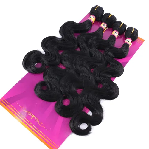 Miniatura 4 de Extensiones de cabello sintético ondulado de tejido rápido, extensiones de cabello sintético de color negro para mujeres (1B# 16181820 pulgadas)