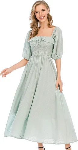 Miniatura 5 de R.Vivimos - Vestidos largos de verano de media manga para mujer, hechos de algodón, con volantes, estilo vintage, elegantes, con espalda descubierta